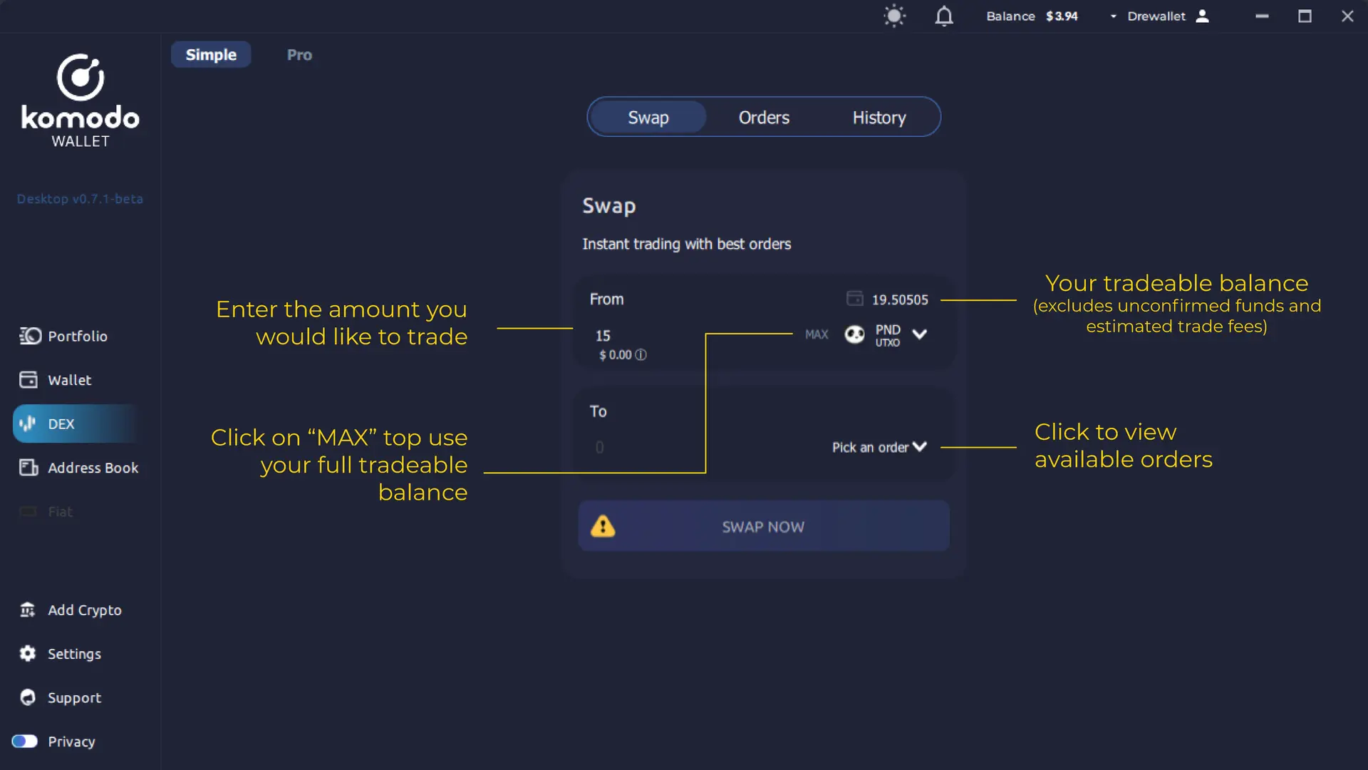 Simple View Trading on Komodo Wallet Desktop